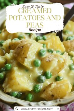 a bowl filled with potatoes and peas on top of a table next to green peas