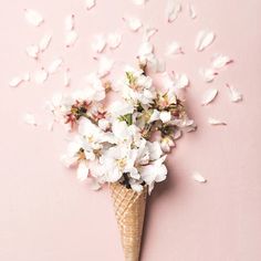 white flowers are in an ice cream cone on a pink background with petals falling from it