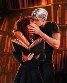 a painting of a man and woman kissing in front of bookshelves with their faces touching each other