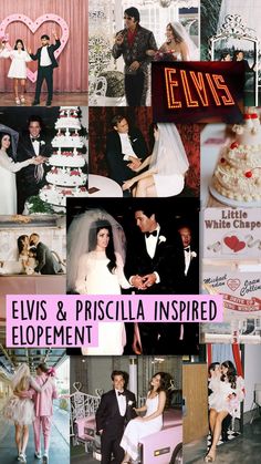 elvis and prisicla inspired wedding collage with pink text that says elves & pirscilla inspired engagement