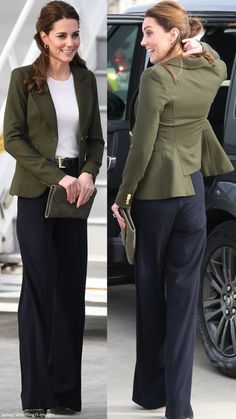 two pictures of the same woman in different outfits, one wearing a green jacket and black pants