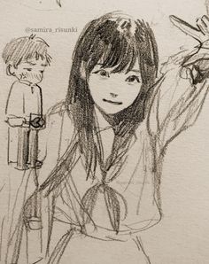 a drawing of a girl holding her hand up in the air with another person standing behind her