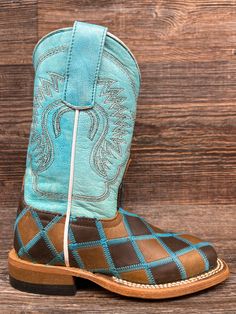 The HPK1055 is a stylish western boot from Horse Power. Featuring a leather vamp in the unique Insane in the Membrane Patchwork pattern, turquoise Marfalous shaft, Wide Square toe, roper heel, and leather sole, this boot is the perfect way to add flair to any outfit. Insane In The Membrane, Western Boot, Patchwork Patterns, Kids Boots, Western Boots, Horses, Turquoise, Square, Boots