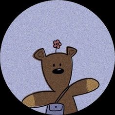 a teddy bear with a flower on its head is holding a cell phone in the air