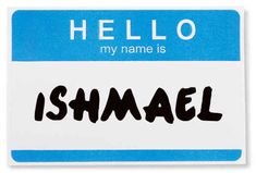 a name tag with the word ishmael written in black ink on a blue and white background