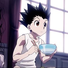 an anime character holding a bowl with chopsticks in his hand and looking at the camera