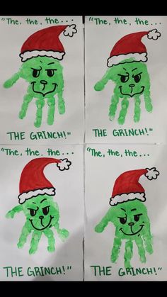 four handprints with green hands and santa hats on them that say the grinch