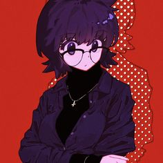 an anime character with glasses and a black shirt is standing in front of a red background