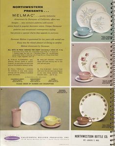 an advertisement for the north western melmac dinnerware, with pictures of dishes and cups