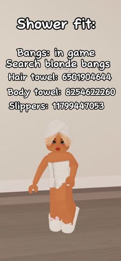 an animated image of a woman in a towel on the floor with text above her that reads shower fit bangs in game search blonde rings hair towels