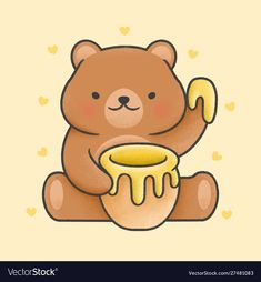 a brown teddy bear holding a honey pot