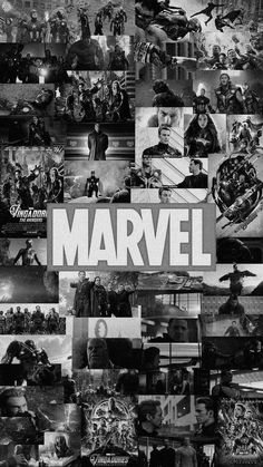 black and white collage of images with the words marvel