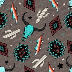 a pattern with an animal skull, stars and other geometric shapes on a gray background