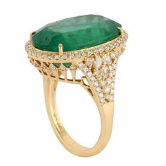 For Sale on 1stDibs - 18KT:6.545g, Diamond:1.01ct, Emerald:14.89ct, Size: US-7' Luxury Marquise Emerald Ring, Luxury Pear-shaped Rings With Pave Setting, Luxury Pear-shaped Diamond Ring With 17 Jewels, Luxury Pear-shaped Diamond Ring With Pavé Setting, Formal Emerald Ring With Pave Diamond Setting, Luxury Emerald Ring With Pave Setting, Luxury Oval Yellow Gold Emerald Ring, Luxury Oval Emerald Ring In Yellow Gold, Formal Emerald Diamond Ring With Pave Setting