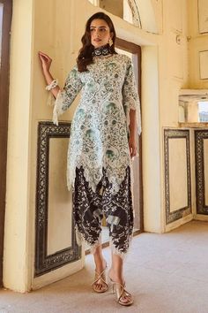 Forest green kurta with elephant, floral, mughal print and chantilly lace applique work on sleeve hem. Paired with printed salwar and scallop lace bordered dupatta. - Aza Fashions Green Bohemian Sets For Transitional Season, Bohemian Green Sets For Transitional Season, Transitional Green Bohemian Sets, Green Bohemian Transitional Sets, Unstitched Bohemian Kurta In Pista Green, Green Elegant Salwar Kameez With Floral Print, Green Bohemian Sets With Intricate Embroidery, Green Bohemian Kurta With Sheer Dupatta, Elegant Green Floral Print Salwar Kameez