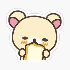 a sticker with a cartoon bear holding a piece of bread in it's mouth