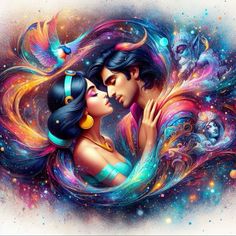 two women with long hair are embracing each other in front of colorful swirls and stars