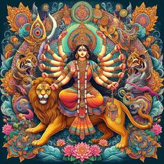 the hindu goddess sitting on top of a lion surrounded by other animals and flowers, with her arms outstretched