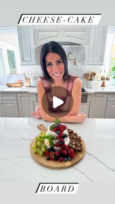 a woman sitting in front of a plate of food on a kitchen counter with the words cheese - cake