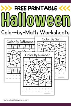 three halloween color by number worksheets with the text, free printable halloween color - by - math worksheets