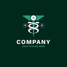 a medical logo with a cadus symbol on the front and green backgrund