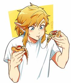 a drawing of a person eating pizza and looking at the camera while wearing a white t - shirt