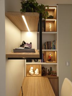 a room with some shelves filled with books and stuffed animals on top of the shelves