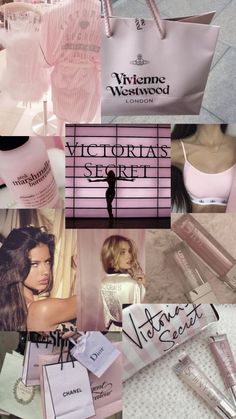 victoria's secret collage with pink and white items