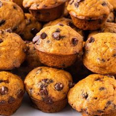 chocolate chip muffins piled on top of each other