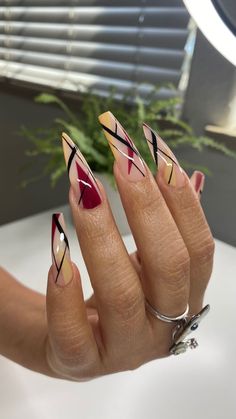 Grown Woman Nail Designs, Mixed Shape Acrylic Nails, Abstract Gel Nail Art, Linear Nail Designs, Red White And Gold Nail Designs, Abstract Square Nails, Abstract Fall Nails, Nail Art Inspiration Creative, Geometric Nail Designs