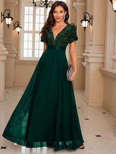 Sequin Patchwork Party Prom Dress Elegant Formal Evening Wedding Guest Gown, For Graduation, Dinner, Christmas Dark Green Elegant  Short Sleeve Chiffon Plain A Line Non-Stretch  Weddings & Events, size features are:Bust: ,Length: ,Sleeve Length: Dark Green Dress Formal, Green Dress Formal, Green Formal Dresses, Long Green Dress, Dark Green Dress, Emerald Green Dresses, Classy Prom Dresses, 파티 드레스, Mother Of Groom Dresses