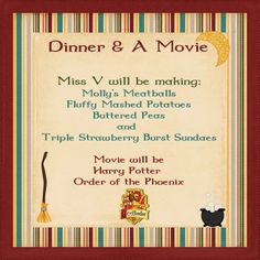 the menu for dinner and a movie