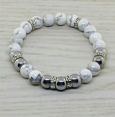 ~ Bracelets by Karen ~ Howlite and Hematite with Silver Spacers Beads Bracelet Design, White Howlite, A Bracelet, Beaded Bracelets Diy, Sea Glass Jewelry, Stone Bracelet