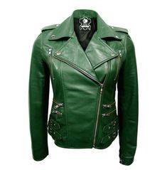 Stay fashionable and stylish with this women's green brando premium genuine leather punk rock jacket. crafted from the finest leather, this jacket is sure to keep you looking stylish and comfortable. get it now and make a statement. Green Leather Jacket, Short Leather Jacket, Black Biker Jacket, Green Leather Jackets, Lambskin Leather Jacket, Motorcycle Leather, Leather Skin, Biker Leather, Genuine Leather Jackets