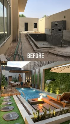 before and after pictures of a backyard with an in ground swimming pool that has been landscaped