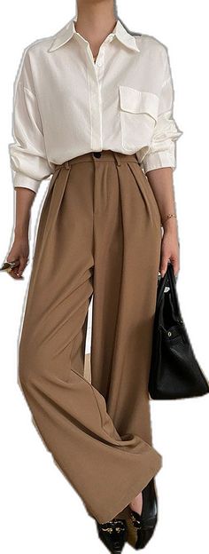 Brown Wide Leg Pants With Pockets For Office, Brown Wide-leg Pants For Office, Brown Ankle-length Office Pants, Elegant Baggy Beige Pants, Elegant Beige Baggy Pants, Casual Brown Dress Pants For Office, Brown Office Pants For Spring, Office Brown Trousers, Brown Ankle-length Dress Pants For Spring