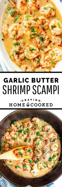 garlic butter shrimp scampi in a skillet with a wooden spoon