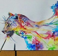 a drawing of a leopard with colorful paint splatters