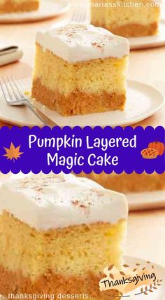 pumpkin layered magic cake with white frosting on two plates and one slice missing