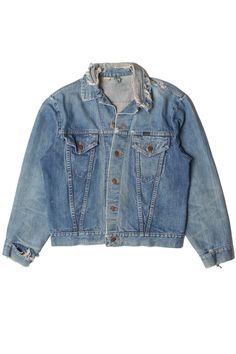 Size: Medium Color: Blue Decade: 1990s (estimated) Length: 23" Chest Width: 21.5" Sleeve Length: 23.5" Vintage Condition Notes: - Size on tag is listed as "40"; size on listing estimated based on chest measurement. - Fraying, tears, & discoloration from wear. - Faded lettering on back (pictured). Brand: Wrangler Wrangler Denim Jacket, Wrangler Vintage, Back Pictures, Vintage Denim Jacket, Vintage Wrangler, Vintage Denim, Clothing Items, Vintage Outfits, Denim Jacket