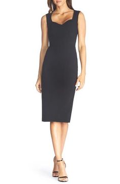 A dreamy sweetheart neckline sets the tone on this sleek and sophisticated sheath dress that hits just past the knee. 44 1/2" length (size Medium) Hidden back-zip closure Sweetheart neck Sleeveless Back slit Lined 95% polyester, 5% spandex Machine wash, line dry Imported Black Sheath Dress Outfit, Sheath Dress Outfit, Queen Anne Neckline, Sheath Midi Dress, Long Sleeve Cocktail Dress, Black Bridesmaid Dresses, Black Sheath Dress, Midi Sheath Dress, Dress The Population