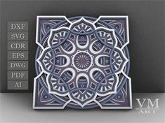 an intricate design on the side of a black and white book cover with text that reads dxf svg cdr eps dwg dwg