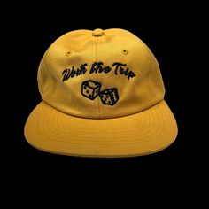 "Worth The Trip" Is A Unstructured, Super Comfy Strap Back Cap With The No Dice Logo Embroidered On The Front. Adjustable Yellow Hat, Vintage Yellow Snapback Baseball Cap, Vintage Yellow Baseball Cap Trucker Hat, Vintage Yellow Snapback Trucker Hat, Yellow Baseball Cap With Flat Bill, Yellow Flat Bill Baseball Cap For Streetwear, Vintage Yellow Trucker Baseball Cap, Yellow Casual Trucker Hat With Flat Bill, Vintage Yellow Trucker Hat