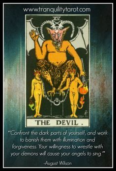 the devil tarot card with an image of two men holding hands up in front of them