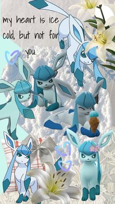 an image of some pokemons with flowers in the background and text that reads, my heart is ice cold, but not for you