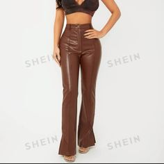 *New With Tags* Sexy And Show Stopping! Warm Chocolaty Brown Pu Leather Pant Front Seam And Split At Hem Flare Leg Style Size S/4 From Shein Sxy Zipper And Tan/Blk Button Closure (Extra Button Included As Spare If Needed) Soft Interior Lining Functional Belt Loops *Measurements Available Upon Request* Brown Bottoms For Club Wear, Brown Fitted Bottoms For Going Out, Fitted Brown Bottoms For Party, Fitted Brown Bottoms For Going Out, Fitted Brown Pants For Going Out, Lederhosen Outfit, Brown Leather Pants, Brown Flares, Brown Trousers