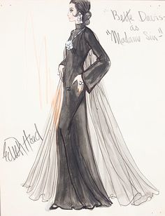 Edith Head sketch for Bette Davis as Madame Sin (1972 ABC TV Movie) Theatrical Poses, Cinema Costume, Head Sketches, Sketches Watercolor, Costume Sketches, Costume Illustration