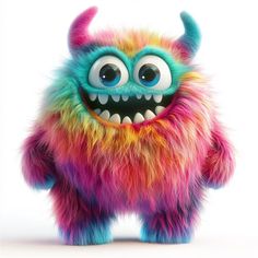 a brightly colored monster with big eyes and large, hairy teeth is standing in front of a white background