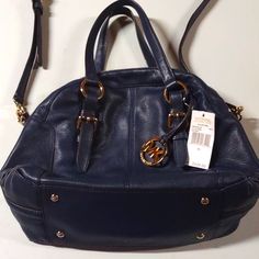 Mk Large Dark Blue Leather Purse Handbag, Plenty Of Storage. Cross Body & Sachel Blue Leather Satchel With Branded Hardware, Navy Leather Shoulder Bag With Gold-tone Hardware, Navy Leather Bag With Handles, Navy Bags With Gold-tone Hardware For Daily Use, Blue Leather Shoulder Bag With Branded Hardware, Blue Michael Kors Tote Shoulder Bag, Blue Leather Bags With Branded Hardware, Blue Leather Michael Kors Bag, Michael Kors Blue Shoulder Bag With Detachable Strap