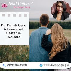 a man and woman standing next to each other in front of a sign that says dr depti garg a love spell caste